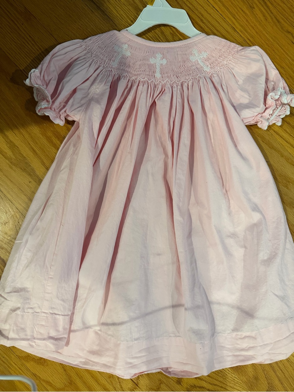 Pink Smocked Girls' Dress Top with Cross Embroidery